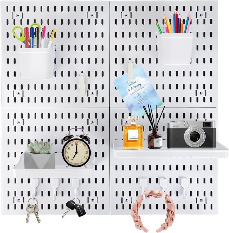 psler 4PCS Pegboard Wall Organizer White Peg Boards for Desk, Office & Gaming Setup Space-Saving Peg Board Kit with Hooks for Keys, Storage Box, Partition - Image 1